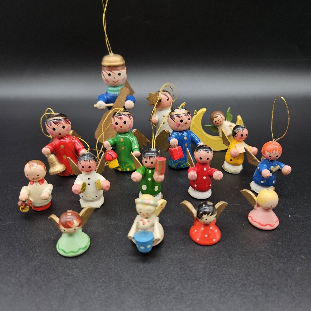VTG Wooden Christmas Angel Music Orchestra Ornaments Mini Figures Lot of 16